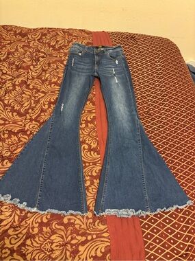 Lucky & Blessed Distressed Blue Flare Jeans with Raw Hem